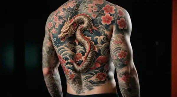 Ein Mann trägt ein beeindruckendes Tattoo mit einem Drachen, Kirschblüten und Wellen, das traditionelle japanische Tattoos repräsentiert.