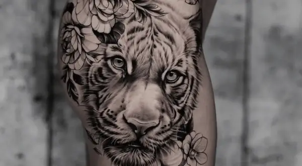 Ein beeindruckendes **ganzer Arm Tattoo Frau**: ein realistischer Tigerkopf umrahmt von üppigen Blumen und Blättern.