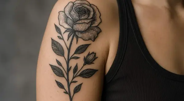 Ein detailliertes Rosen-Tattoo mit silberner Haut-Optik ziert die Schulter.