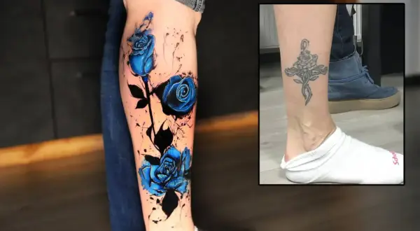 Ein beeindruckendes Blackwork Tattoo einer Frau: blaue Rosen mit Aquarell-Effekt auf dem Bein. Daneben ein altes Tattoo, das überarbeitet wurde.