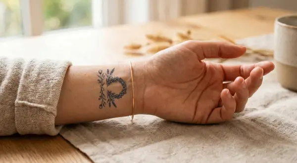 Ein zartes Blumen-Tattoo auf dem Handgelenk, das den Buchstaben "P" formt. Ein wirklich beste tattoo Idee für Naturliebhaber.