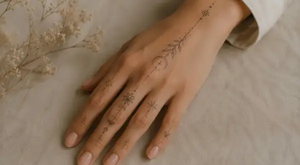 Ein zarter hand tattoo mann klein ziert den Handrücken mit Sternen, Mond und Blattwerk.