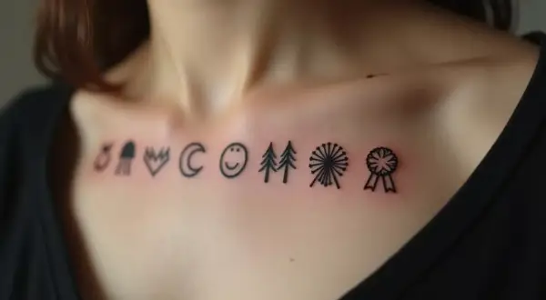 Kleine Symbole zieren die Brust, ein Seelensymbol-Tattoo, das Glück, Natur und Erfolge symbolisiert.