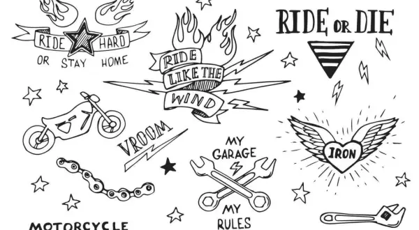 Skizzen für Motorrad Tattoo Ideen: "Ride or Die", "Ride Like the Wind", Motorrad, Werkzeuge, Sterne.