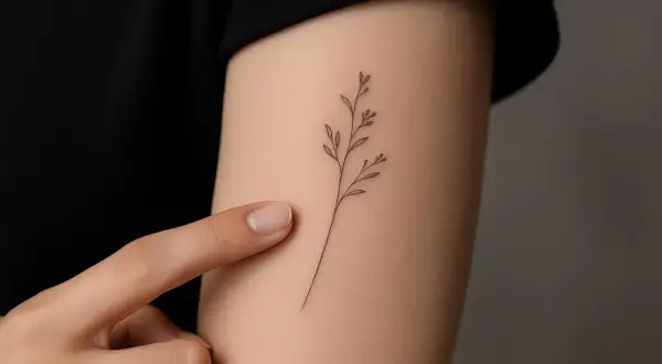 Ein zartes Zweiglein-Tattoo, ein feines striche tattoo, ziert den Arm.