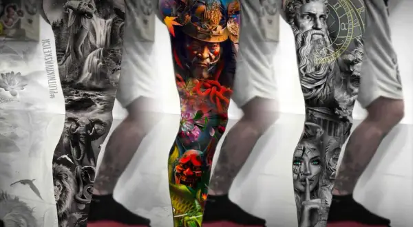 Beeindruckendes Bein Sleeve Tattoo Mann: Wasserfall, Elefant, Löwe, Samurai, Maske, Koi, antike Büste, Frau mit blauen Augen.