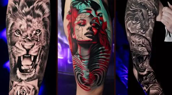 Drei beeindruckende Tätowierungen: ein Löwe mit Rose, eine Frau in Rot und Türkis, und ein Drache über einem Tiger. Ein Tattoo grau statt schwarz, das die Kunst zeigt.