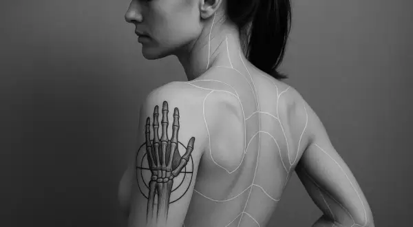 Eine Frau mit einem Skelett-Hand-Tattoo auf dem Oberarm, umgeben von weißen Linien, die wie ein Spinnennetz über ihren Rücken verlaufen.