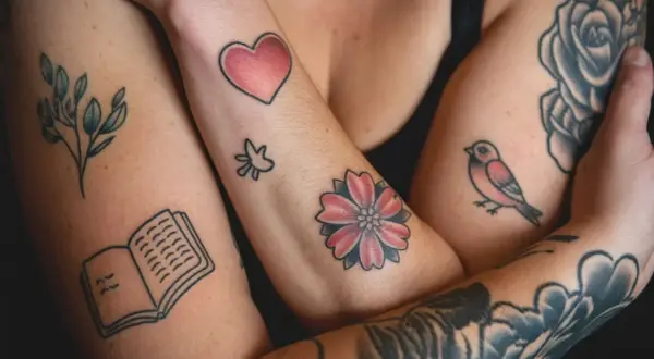Viele kleine Tattoos am Arm eines Mannes: ein Herz, ein Vogel, eine Blume, ein Buch und Zweige.