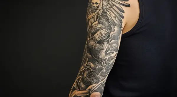 Detaillierte Tätowierung am Arm: ein geflügeltes Wesen mit Totenkopf und Drachen. Tolle Inspiration für full sleeve tattoo vorlagen.
