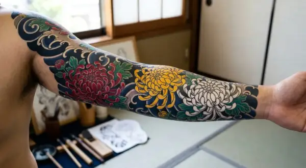 Ein farbenfrohes Irezumi-Sleeve mit Chrysanthemen und Wellen.