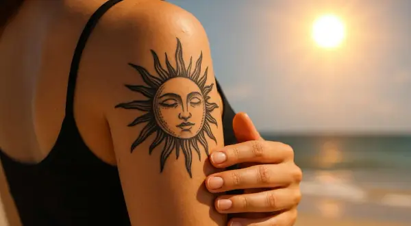 Ein Tattoo einer Sonne ziert den Arm einer Frau am Strand. Die Sonne scheint im Hintergrund.