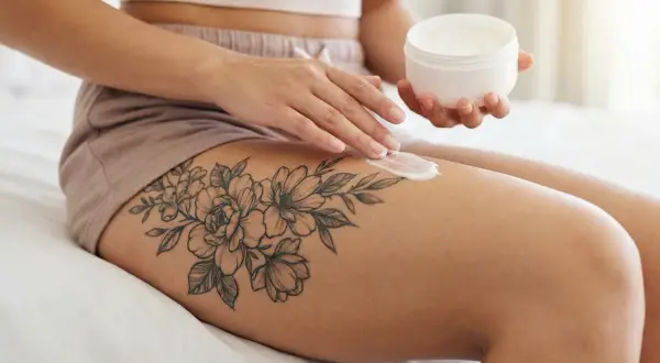 Eine Frau pflegt ihr **oberschenkel tattoo klein** mit einer Creme. Das filigrane Blumenmotiv ziert ihren Oberschenkel.