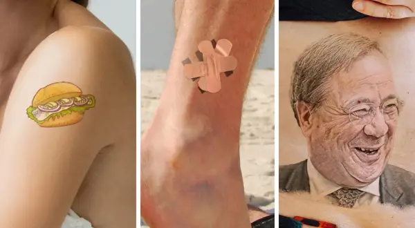 Ein Fischbrötchen-Tattoo auf der Schulter, ein Pflaster-Tattoo am Knöchel und ein Porträt-Tattoo eines Mannes mit Brille – das sind die besten Tattoos für jeden Geschmack.