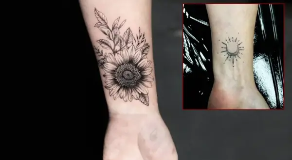 Sonnenblume und Mond-Sonne-Tattoo am Handgelenk. Ein schönes Beispiel für dark work tattoo Kunst.