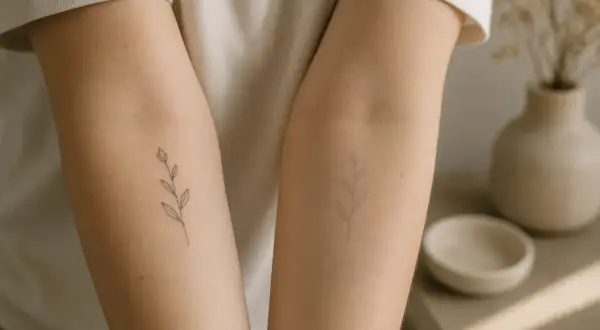 Zwei Arme mit zarten, minimalistischen Tattoos von Zweigen. Ein dezenter Hauch von Natur, der die Haut schmückt.