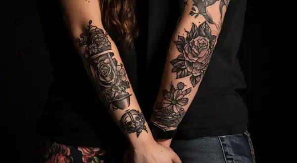 Zwei Arme mit detailreichen Tattoos: Rosen, eine Sanduhr und ein Totenkopf. Ein Symbol für ewige Liebe, das als Partner Tattoo verewigt wurde.