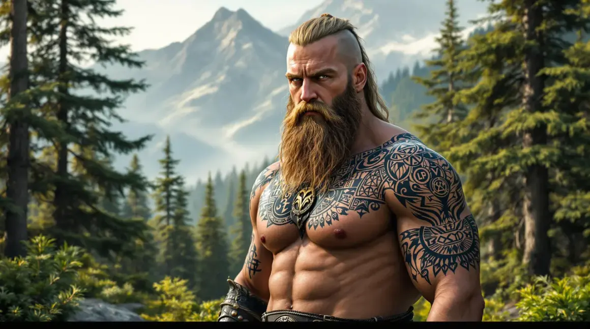 Ein Mann mit Bart und einem beeindruckenden Brust Tattoo im Wikinger-Stil steht in einer Berglandschaft.