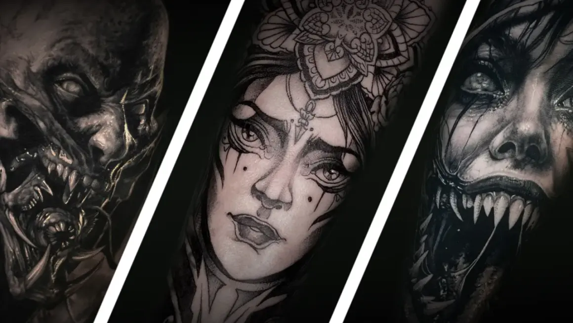 Drei detaillierte Blackwork Tattoos auf einem Männerarm: ein gruseliges Monstergesicht, eine Frau mit Blumenkranz und ein weiteres furchteinflößendes Wesen.