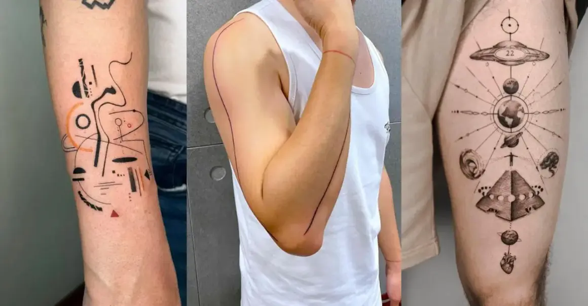 Abstrakte Linienkunst, minimalistische Armlinien und ein kosmisches Diagramm – Beispiele für fineline tattoo männer, die Stil und Tiefe zeigen.
