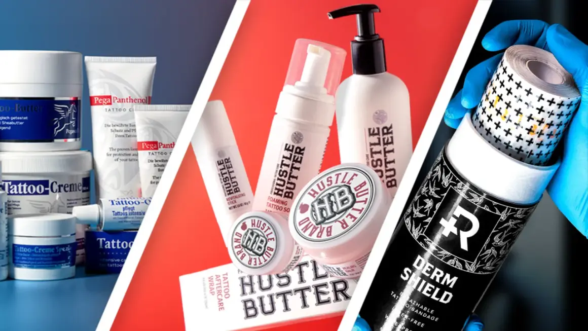 Verschiedene Produkte zur Tattoo-Pflege, darunter Cremes, Lotionen und Bandagen. Diese tattoo schmerzcreme und Pflegeprodukte helfen bei der Heilung.