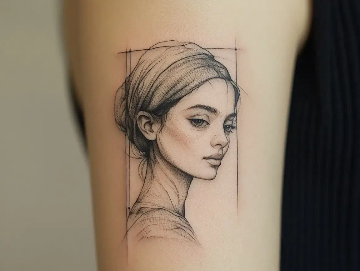Feine Linienkunst: Ein Porträt einer Frau mit Kopftuch, ein Beispiel für ein stilvolles Tattoo.