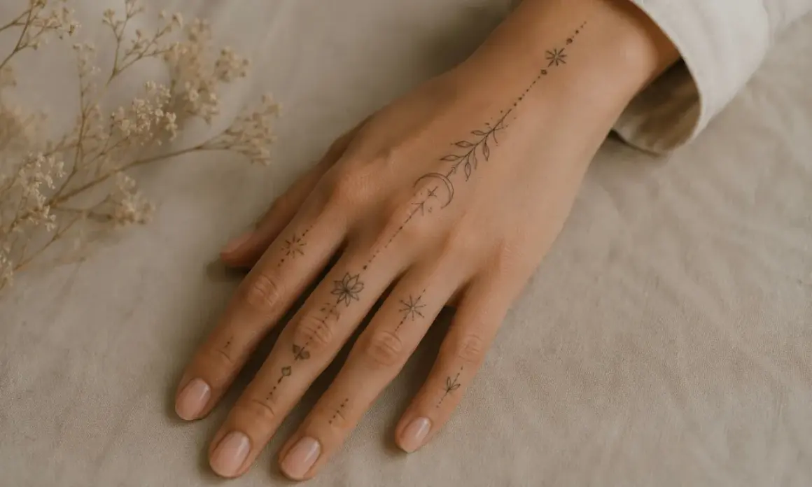Ein zarter hand tattoo mann klein ziert den Handrücken mit Sternen, Mond und Blattwerk.