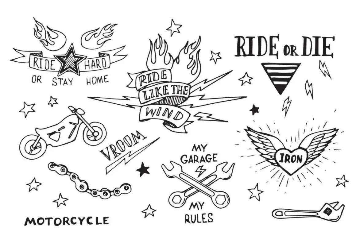 Skizzen für Motorrad Tattoo Ideen: "Ride or Die", "Ride Like the Wind", Motorrad, Werkzeuge, Sterne.