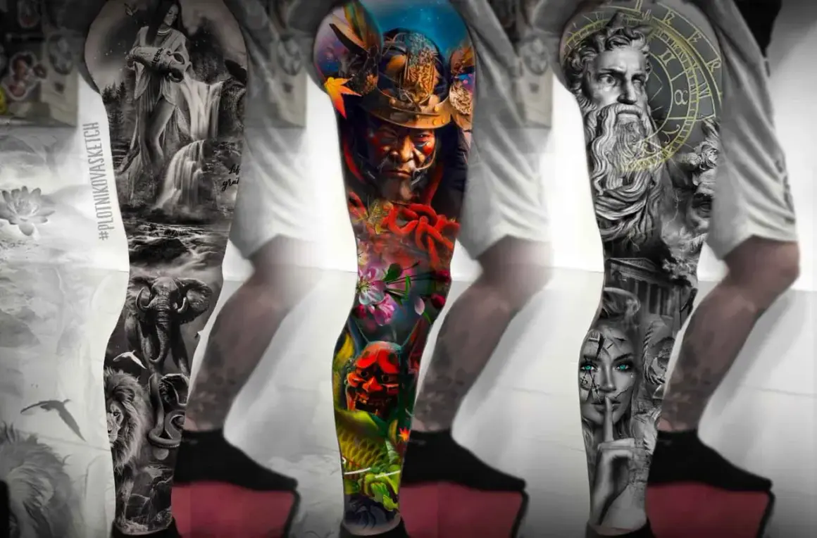 Beeindruckendes Bein Sleeve Tattoo Mann: Wasserfall, Elefant, Löwe, Samurai, Maske, Koi, antike Büste, Frau mit blauen Augen.