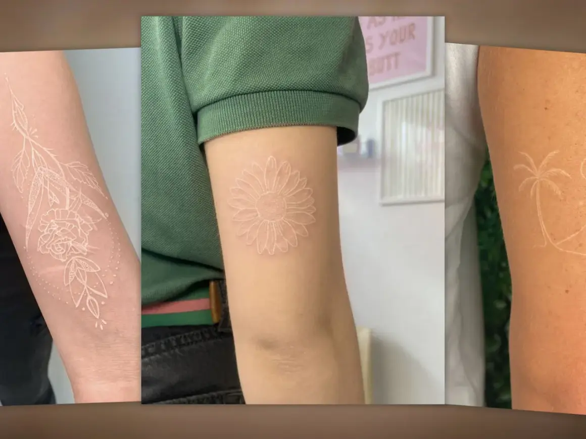 Drei Arme mit filigranen weißen Tattoos: eine Rose mit Blättern, eine Gänseblümchen und eine Palme.