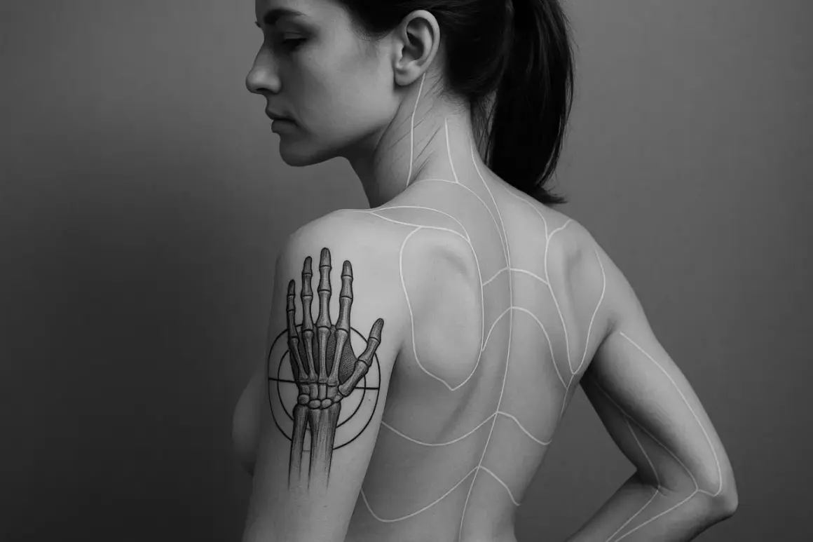 Eine Frau mit einem Skelett-Hand-Tattoo auf dem Oberarm, umgeben von weißen Linien, die wie ein Spinnennetz über ihren Rücken verlaufen.