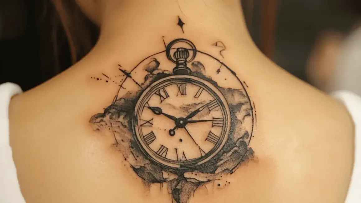 Ein detailliertes Tattoo einer Taschenuhr mit römischen Ziffern und Wolken. Die tattoo uhrzeit digital ist hier kunstvoll dargestellt.