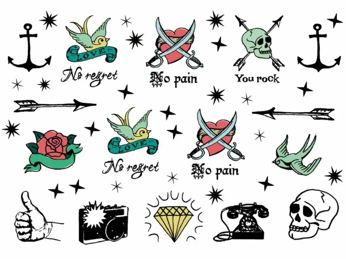 Sammlung von old school tattoo Motiven: Anker, Schwalben mit "LOVE", gekreuzte Säbel über Herz, Totenkopf mit Pfeilen, Rose, Daumen hoch, Kamera, Diamant, Telefon.