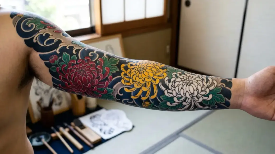 Ein farbenfrohes Irezumi-Sleeve mit Chrysanthemen und Wellen.