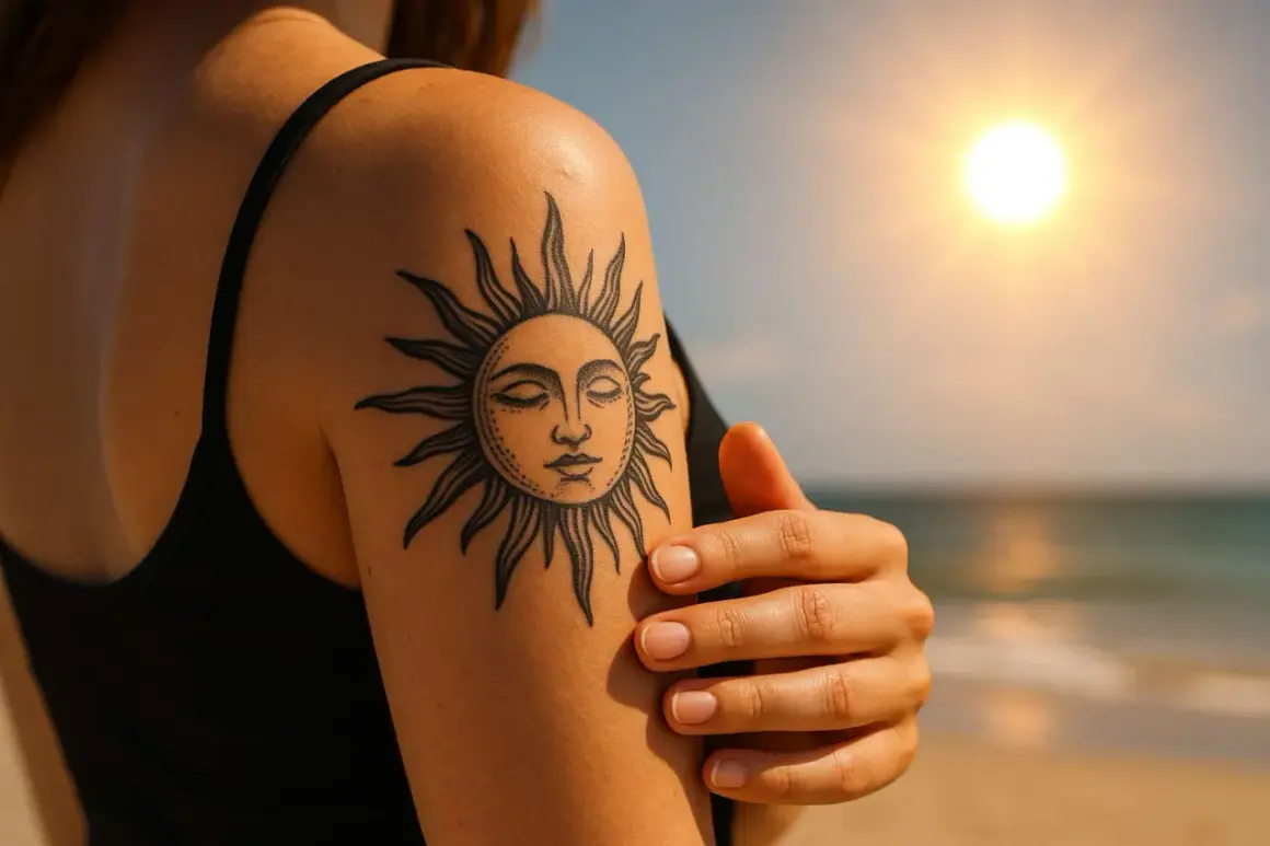 Ein Tattoo einer Sonne ziert den Arm einer Frau am Strand. Die Sonne scheint im Hintergrund.