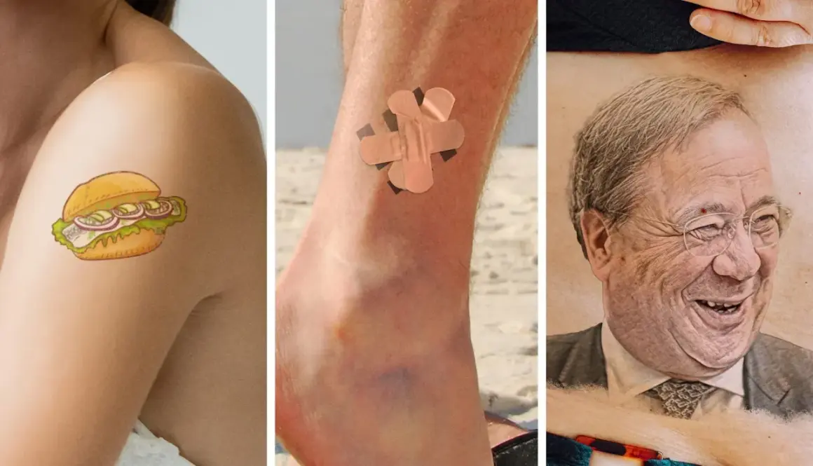 Ein Fischbrötchen-Tattoo auf der Schulter, ein Pflaster-Tattoo am Knöchel und ein Porträt-Tattoo eines Mannes mit Brille – das sind die besten Tattoos für jeden Geschmack.