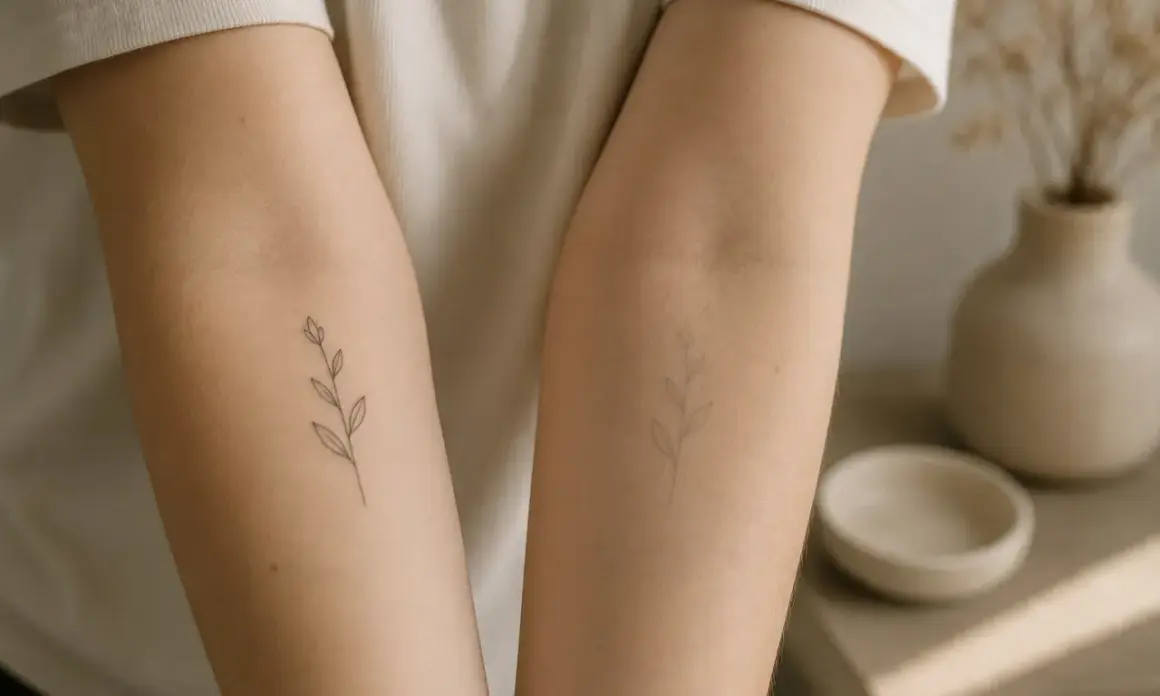 Zwei Arme mit zarten, minimalistischen Tattoos von Zweigen. Ein dezenter Hauch von Natur, der die Haut schmückt.