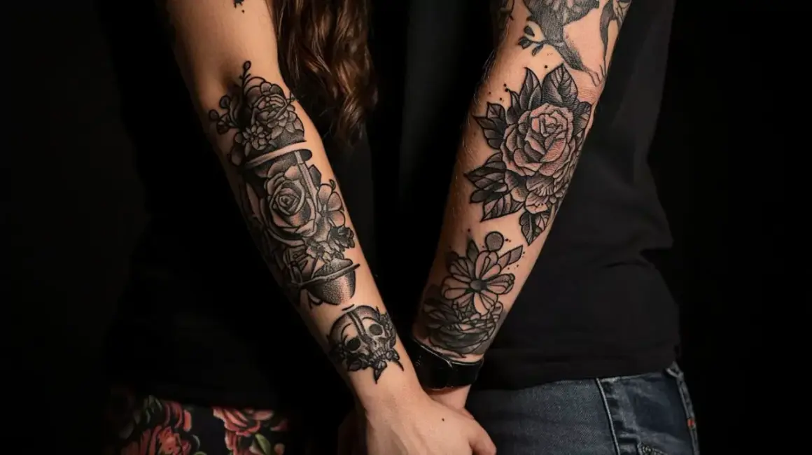 Zwei Arme mit detailreichen Tattoos: Rosen, eine Sanduhr und ein Totenkopf. Ein Symbol für ewige Liebe, das als Partner Tattoo verewigt wurde.