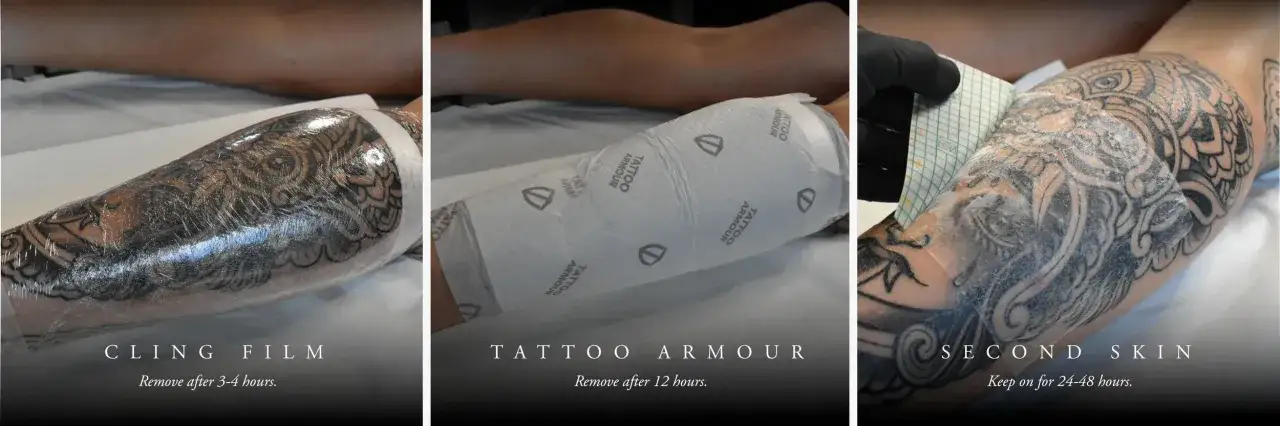 Schritt-für-Schritt-Anleitung: Wann Folie ab nach Tattoo? Erst Frischhaltefolie, dann Tattoo-Schutz, zuletzt Second Skin.