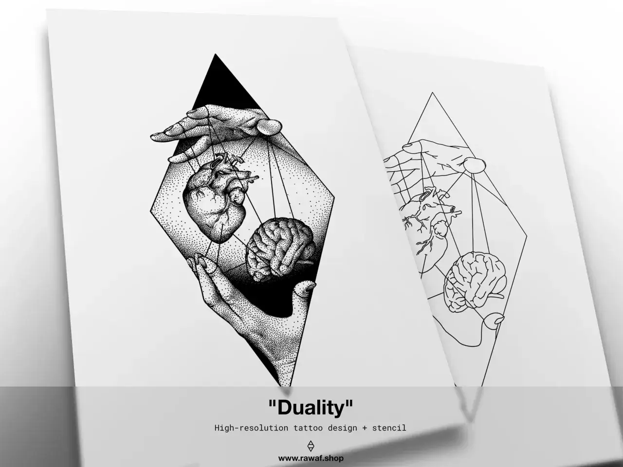 Ein faszinierendes anatomie tattoo Design zeigt Hände, die ein Herz und ein Gehirn halten, verbunden durch Linien, die Dualität symbolisieren.