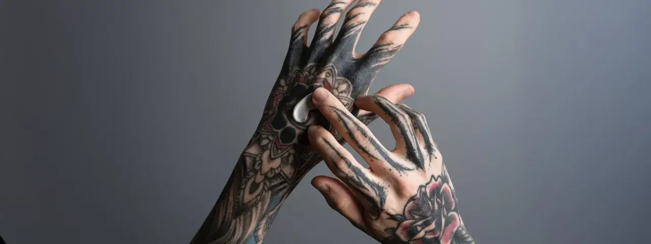 Hände mit kunstvollen Tattoos werden mit einer ph neutralen Seife für Tattoos gepflegt.