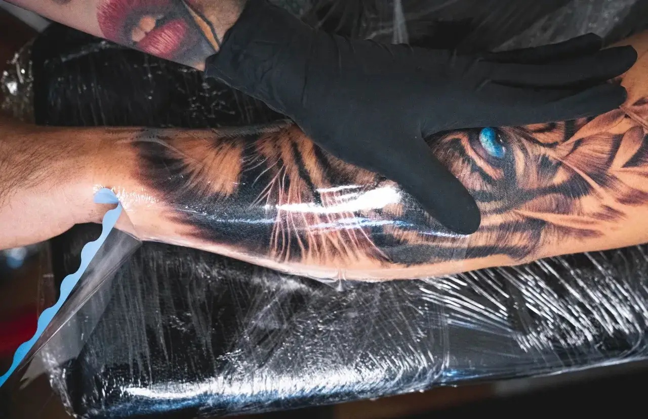 Frischhaltefolie schützt ein frisch gestochenes Tiger-Tattoo. Die Tattoo-Pflege beginnt mit dem Abdecken.
