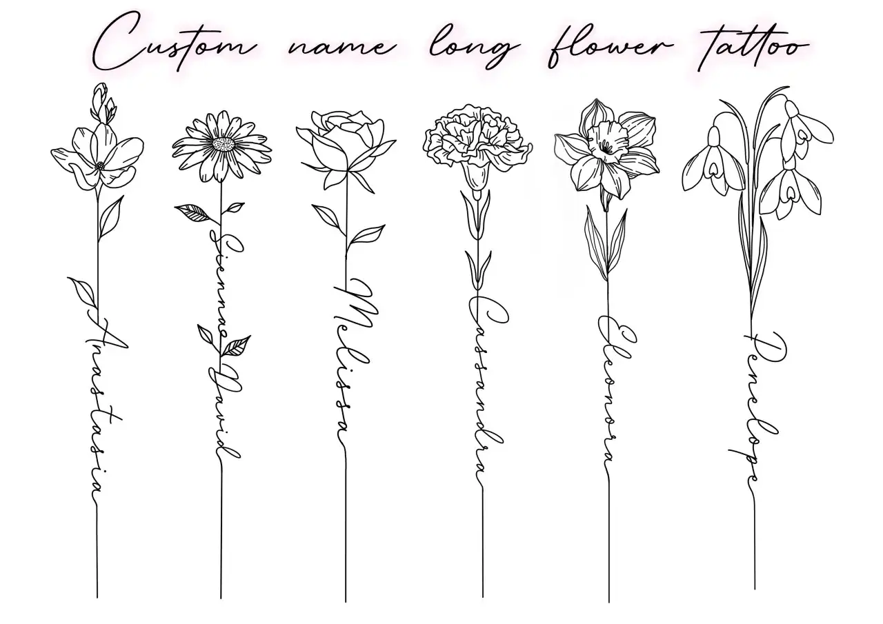Sechs filigrane Blumen-Tattoos mit Namen wie Anastasia, Sienna, Melissa, Cassandra, Eleonora und Penelope. Jede Blume ist mit ihrem jeweiligen Namen in geschwungener Schrift verbunden.