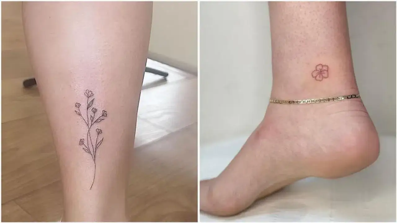 Zarte Blumenranken zieren das Bein, während ein kleines Blüten-Tattoo die Ferse schmückt.