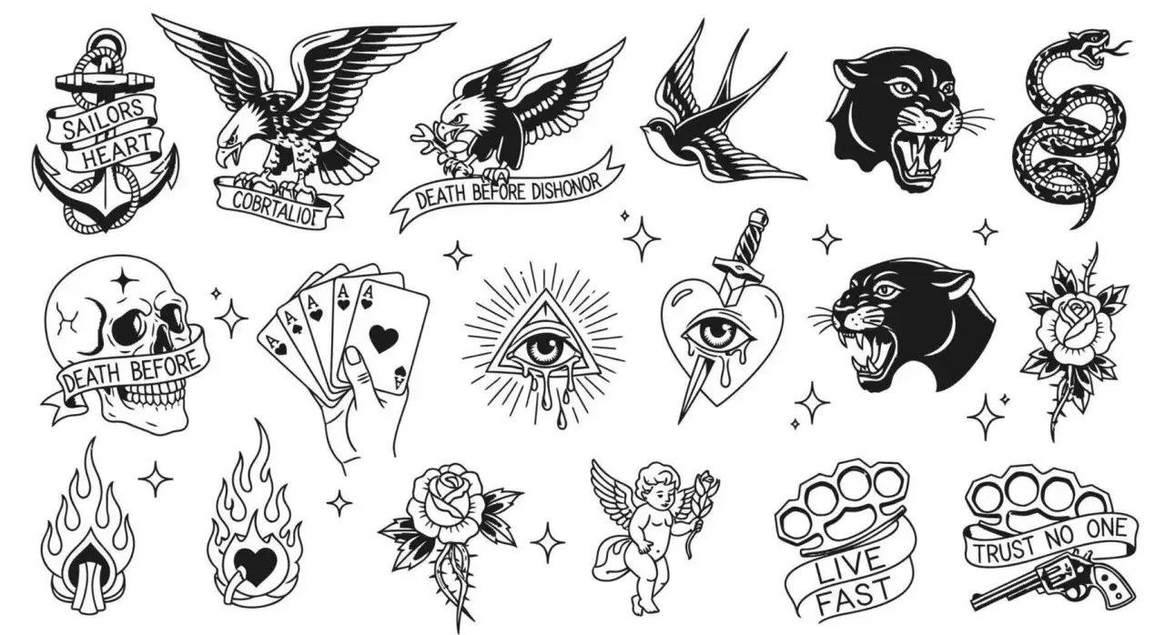 Sammlung von old school tattoo Motiven: Anker, Adler, Panther, Schlange, Totenkopf, Rosen, Engel, Messingknöchel, Revolver.