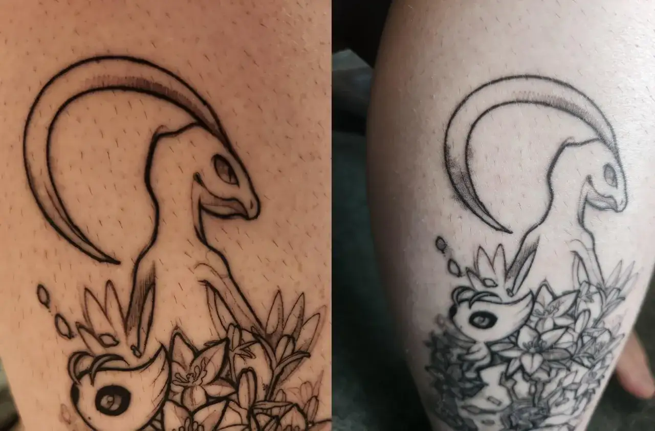 Vergleich eines Tattoos: Links frisch gestochen, rechts nach der Heilung. Deutliche Linien und Schatten, kein tattoo blowout.