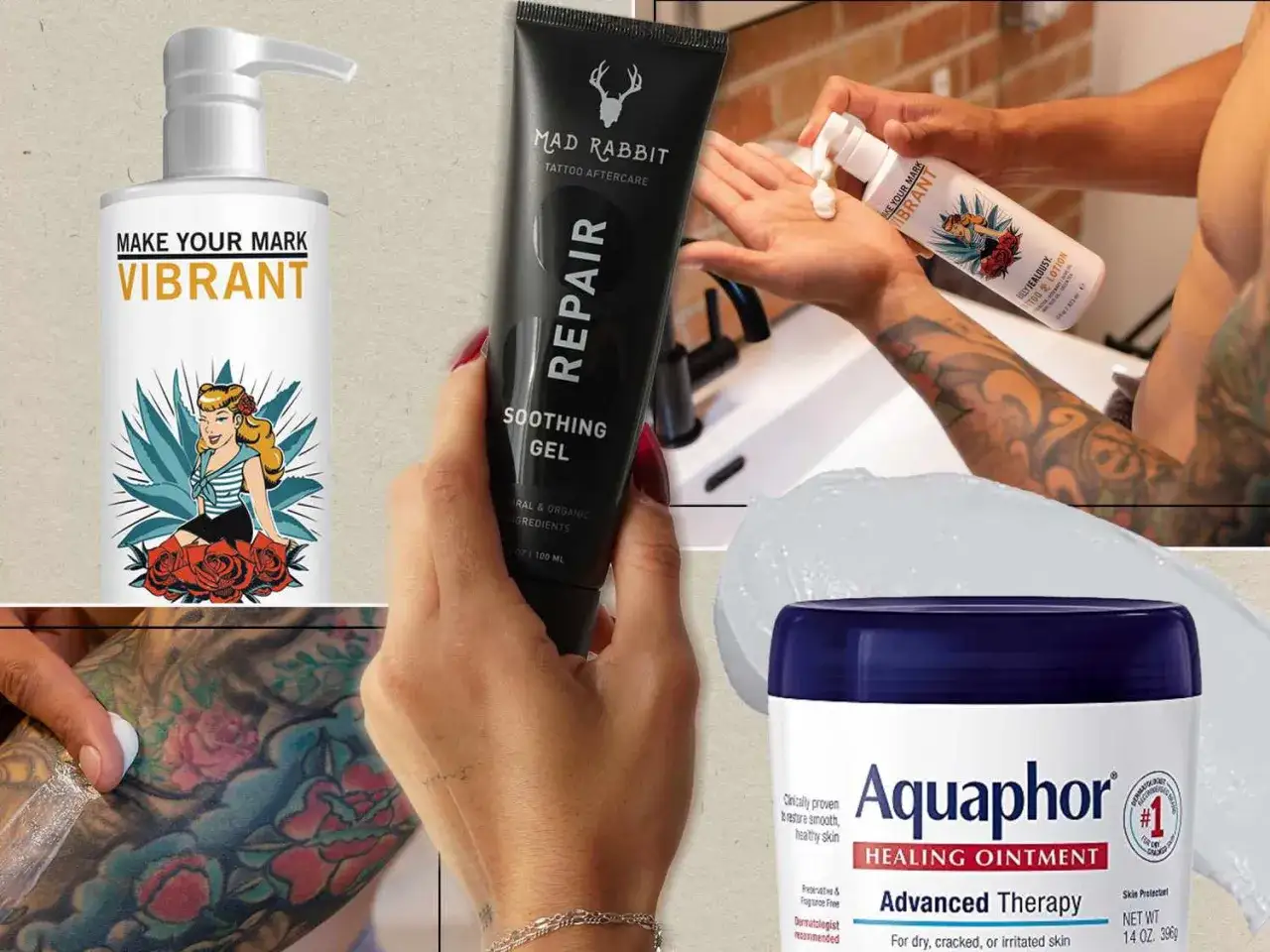 Produkte zum Tattoo eincremen: Lotion, Gel und Salbe. Pflege für frische und alte Kunstwerke.