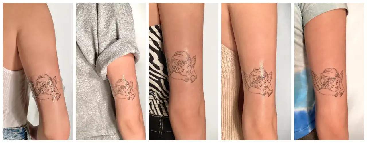 Cherub-Tattoo: Vorher mit Silberhaut-Schutzfolie, nachher klar und detailliert.