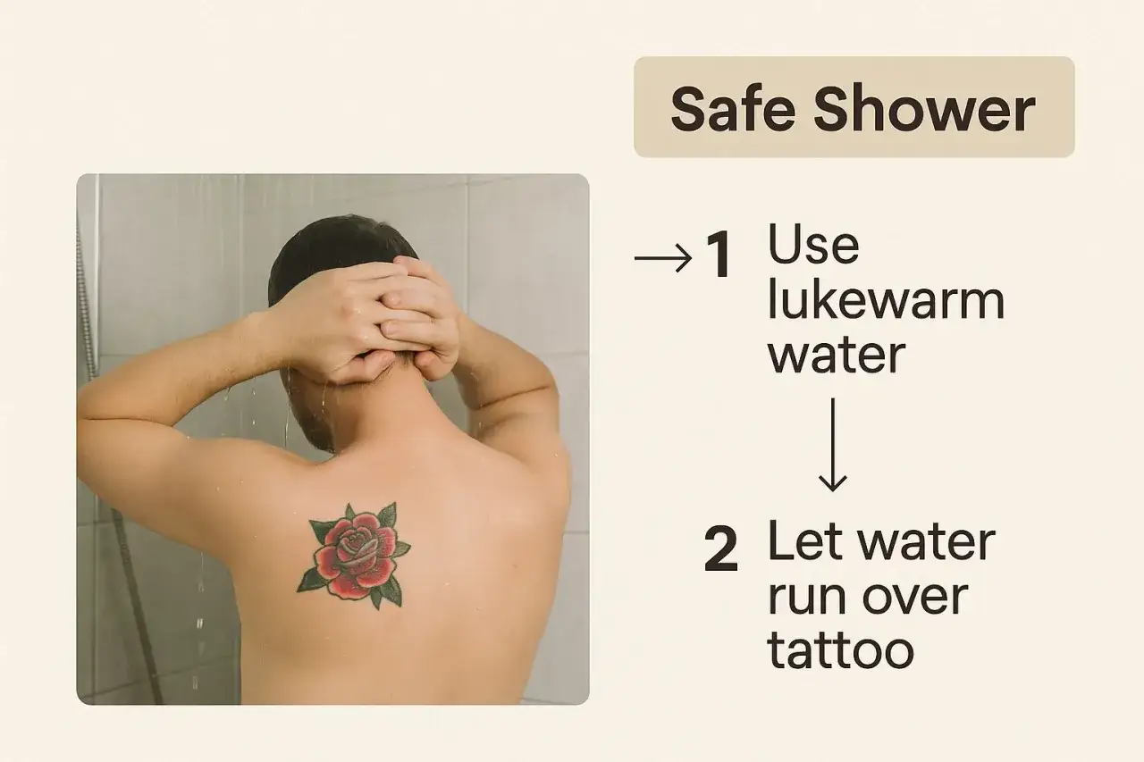 Mann mit neuem Rosen-Tattoo auf dem R&uuml;cken duscht vorsichtig mit lauwarmem Wasser. Sicheres Duschen nach dem Tattoo ist wichtig.