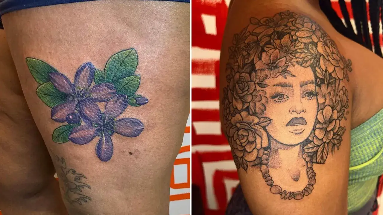 Zwei T&auml;towierungen: Eine lila Blume mit gr&uuml;nen Bl&auml;ttern auf dem Bein und ein Portr&auml;t einer Frau mit Blumenkranz auf dem Arm.